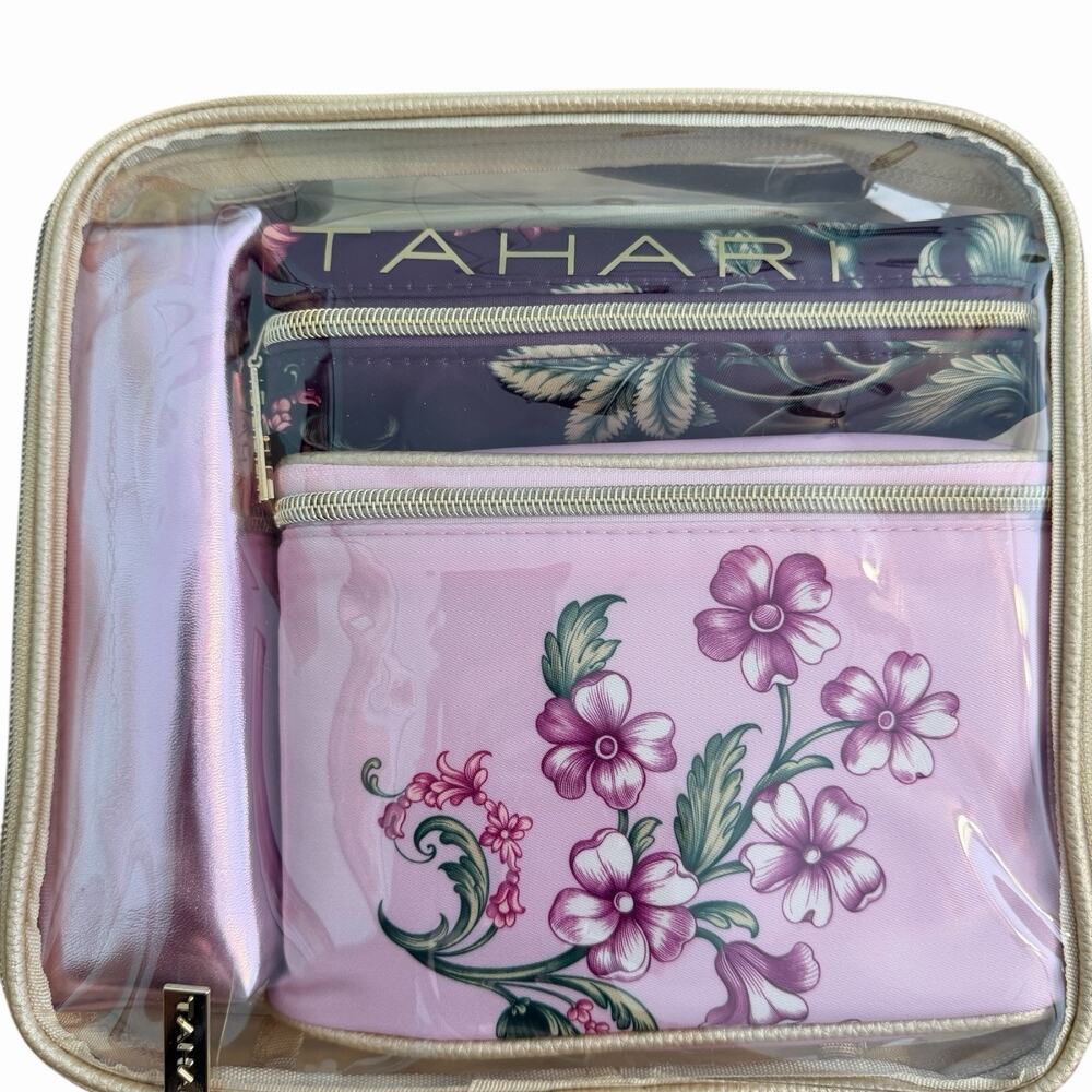 TAHARI 4 Cosmetic Bags Set Pink Flowers Travel Makeup Pouch Toiletry Organizer